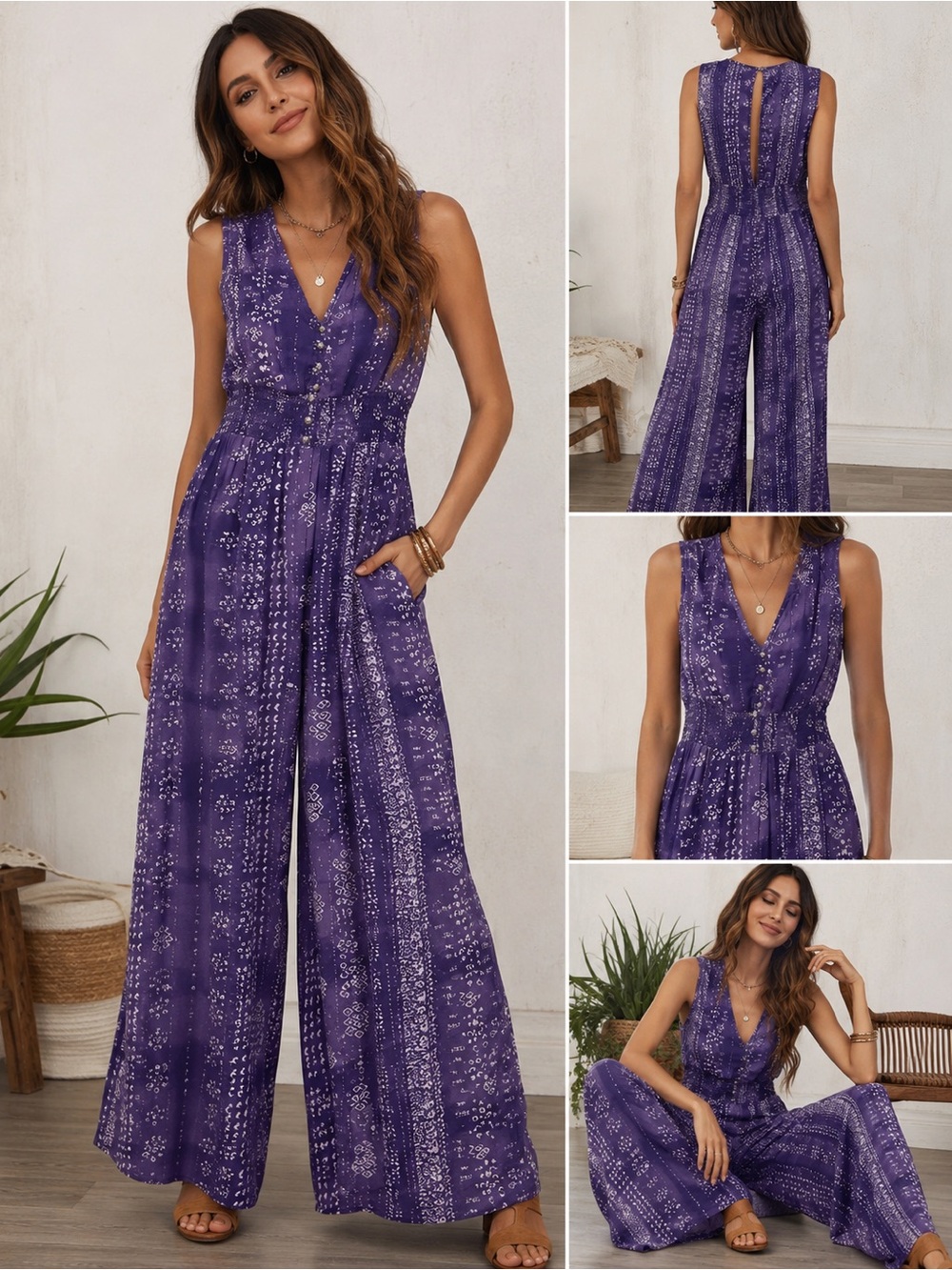 Japna Womens XS Purple Boho Wide Leg Jumpsuit Sleeveless Festival Romper Hippie